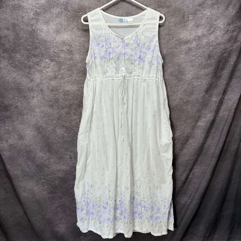 Vintage La Cera White Purple Floral Cotton Nightgown Midi Dress SIze M Cottage